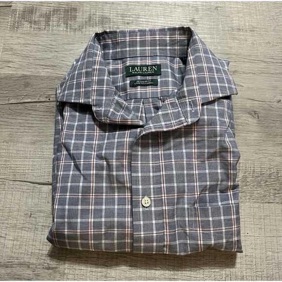 Lauren Ralph Lauren Shirt Men’s 14 1/2 33/34 Graph Check Navy Red White Stretch - Picture 1 of 4